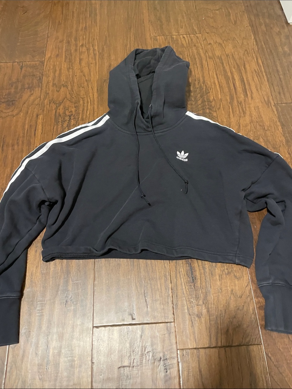 adidas Black Cropped Hoodie with White Three-Stripes